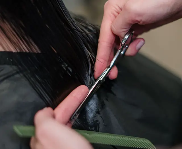 A stylist trimming hair