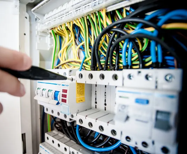 An electrician tightening a screw on a circuit breaker